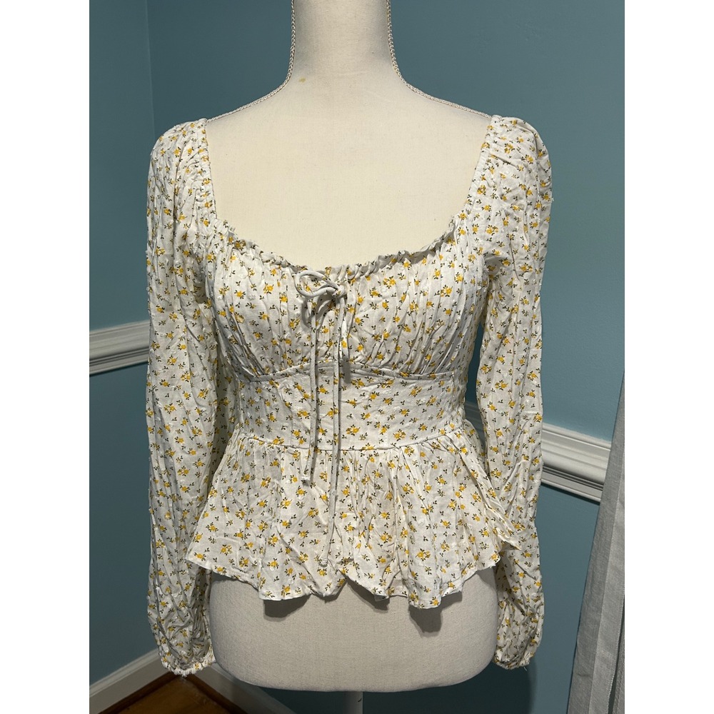 Altar'd State Yellow Floral Peplum Top Long Sleeve Smocked Back Small